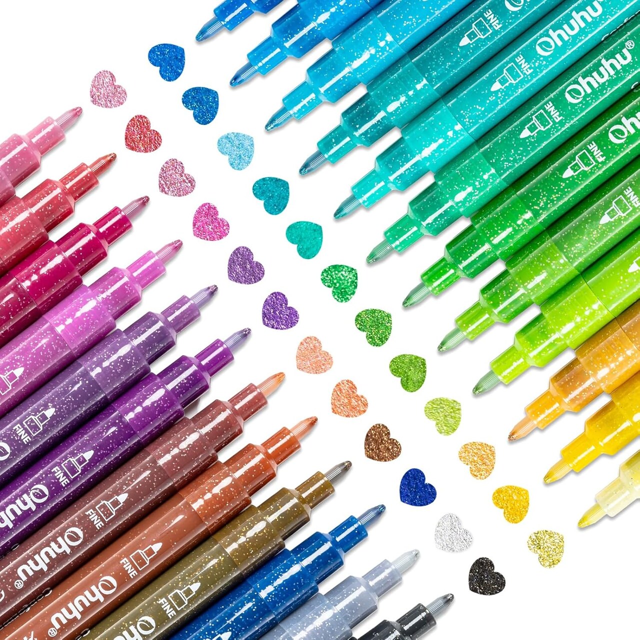 Ohuhu Acrylic Glitter Markers, 24 Metallic Glitter Colors, Fine Tip Paint Pens & Shimmer Accents, Water-Based & Quick Dry, for DIY Crafts, Cards, Journals, Wood & Rock Painting, Extra Fine Tip 0.7mm/ Medium Tip 3mm